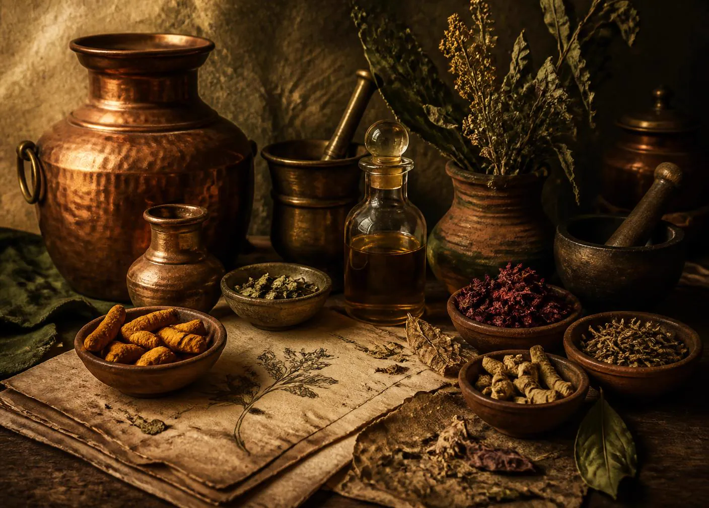 Ayurvedic still life — herbs, oils and copper vessels in warm light